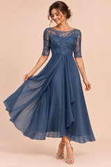 Vestido midi de gasa con cuerpo bordado Azul marino