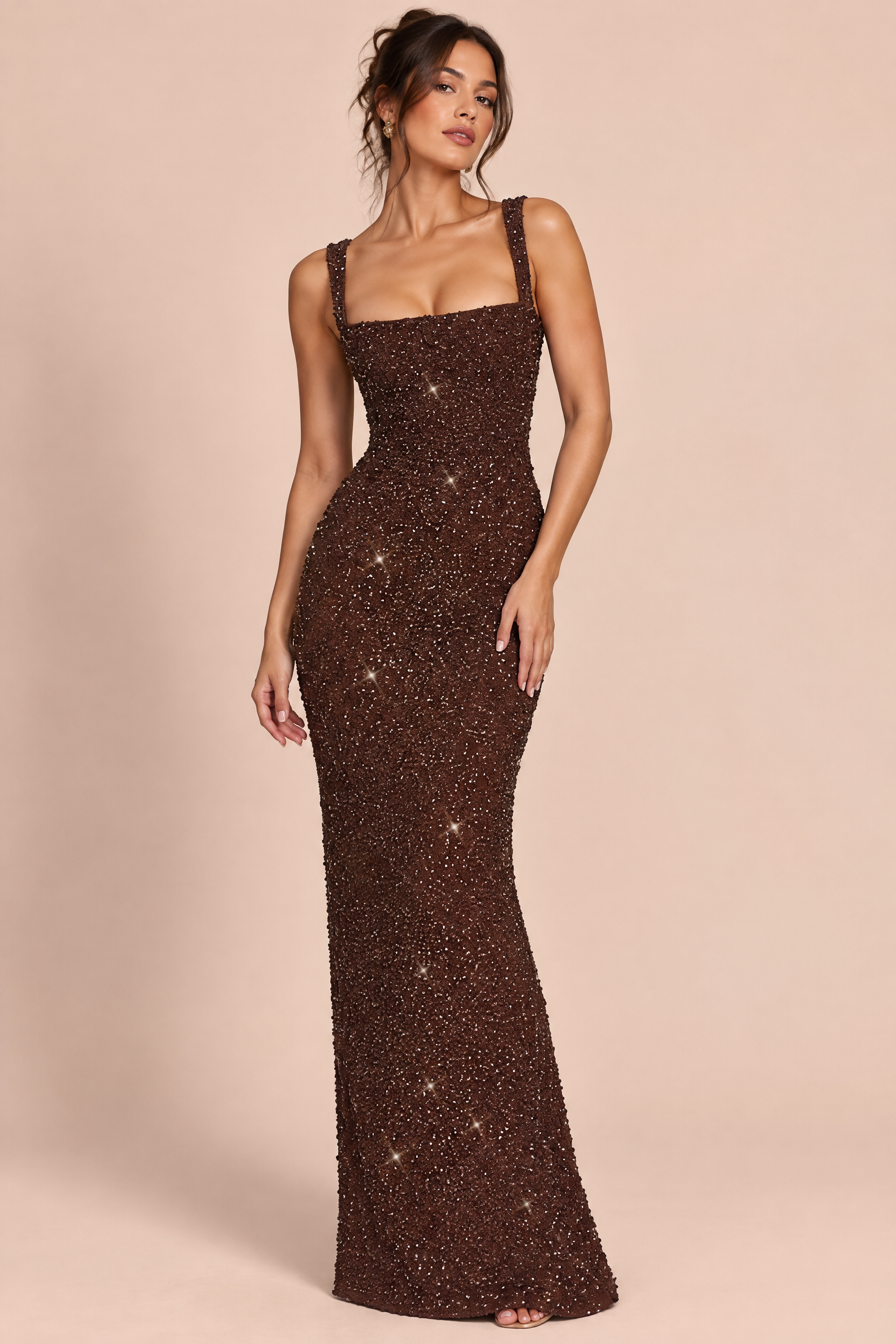 Robe longue à sequins marron | Vue de face | Lounelle Paris