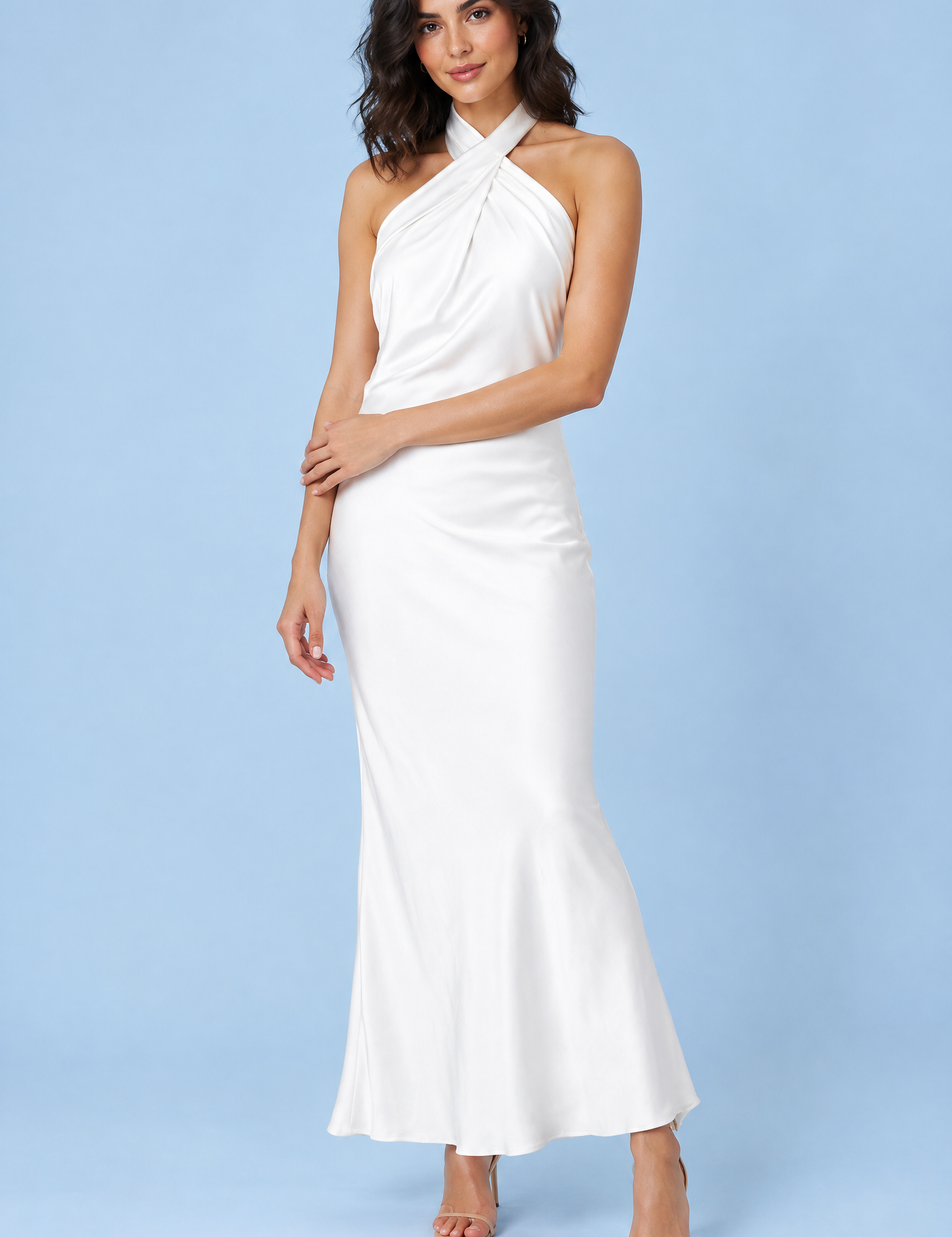 Robe longue blanche dos nu à col américain | Vue de face | Lounelle Paris