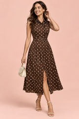 Vestido midi marrón oscuro de lunares con escote halter