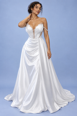 Vestido largo palabra de honor fruncido blanco