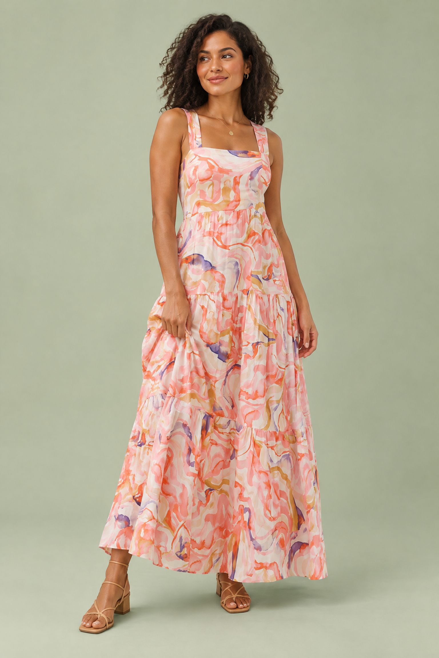 Robe midi rose à imprimé porcelaine et encolure carrée | Vue de face | Lounelle Paris