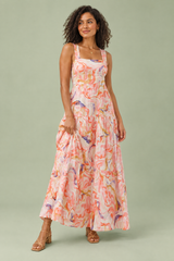Vestido midi rosa con estampado de porcelana y escote cuadrado