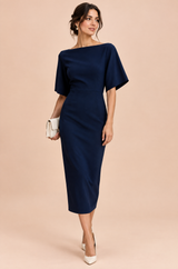 Vestido midi azul marino ajustado con escote barco y manga corta