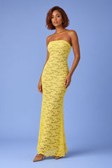Vestido largo amarillo de encaje palabra de honor con detalle de pañuelo