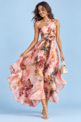 Vestido floral rosa de un solo hombro