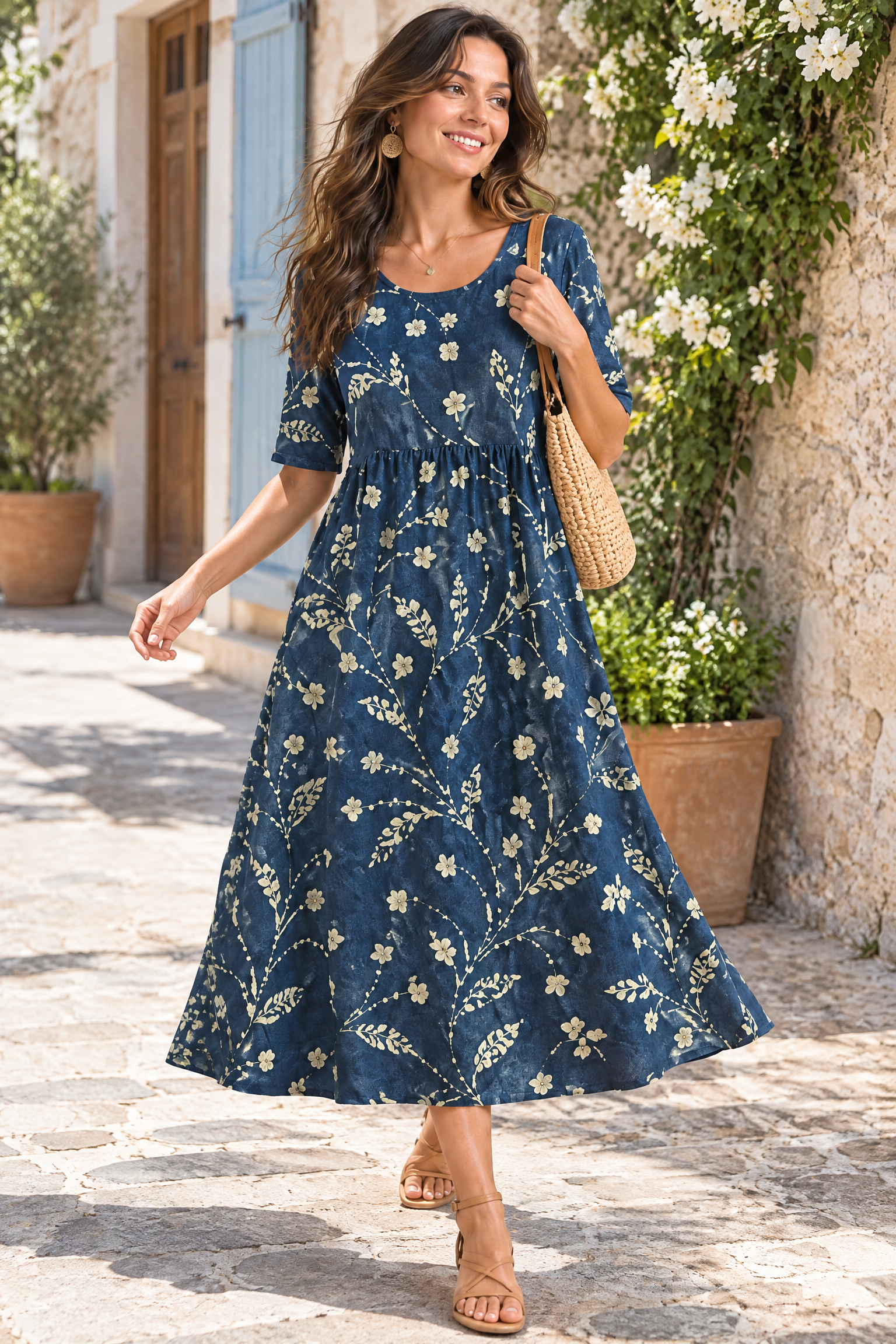 Robe midi trapèze à motif floral bleu marine | Photo lifestyle | Lounelle Paris
