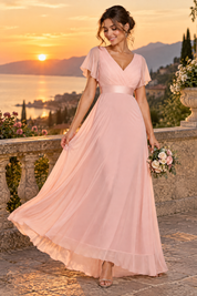 Robe longue plissée rose à col V | Deuxième photo lifestyle | Lounelle Paris