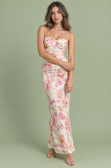 Vestido midi asimétrico con estampado floral y efecto retorcido en blanco roto