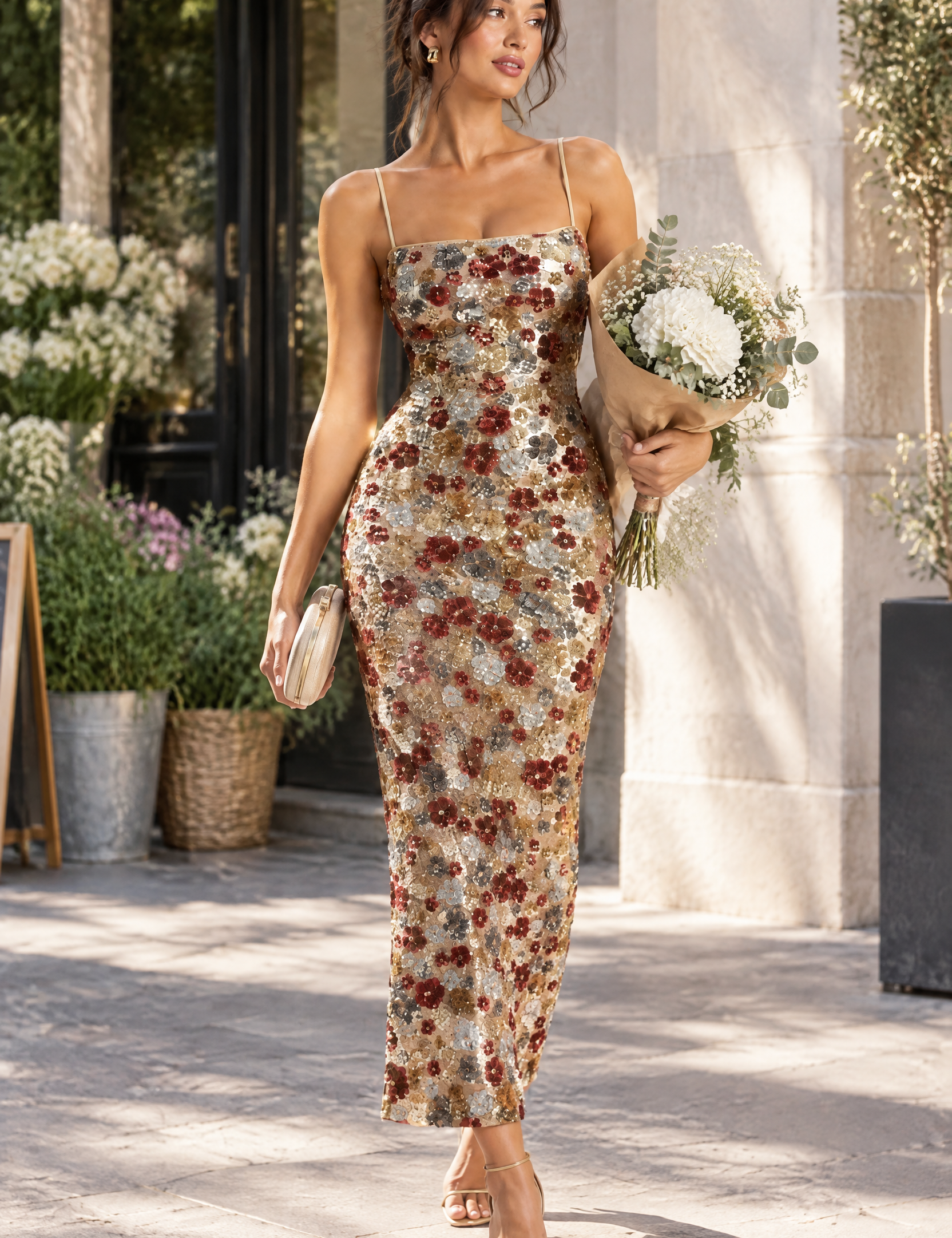 Robe courte dorée ornée de sequins à motifs floraux, à col rond | Photo lifestyle | Lounelle Paris