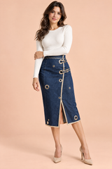 Falda lápiz midi azul de cintura alta