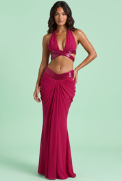 Ensemble magenta à dos nu avec jupe longue drapée | Vue de face | Lounelle Paris