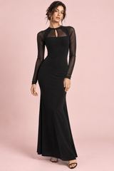 Vestido largo negro fruncido con escote cuadrado