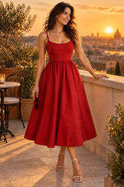 Robe midi rouge plissée évasée | Deuxième photo lifestyle | Lounelle Paris