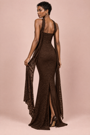 Robe longue moulante marron foncé en dentelle, bustier avec détail foulard | Vue de dos | Lounelle Paris