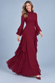Robe longue bordeaux à volants et manches cloche | Vue en mouvement | Lounelle Paris