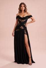 Vestido largo negro con aberturas y escote drapeado