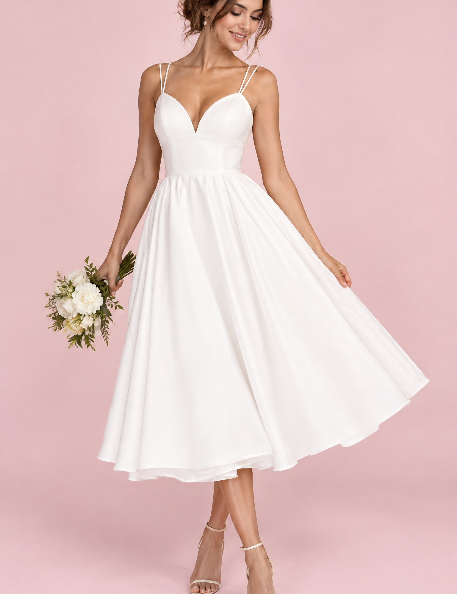 Robe midi blanche à fines bretelles et jupe ample | Vue de face | Lounelle Paris