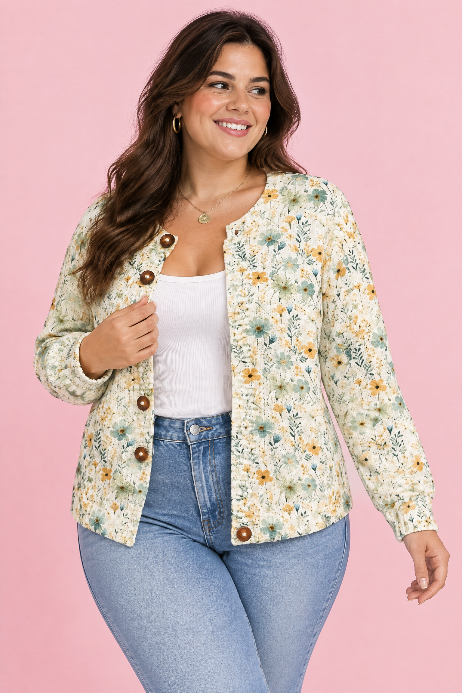 Cardigan fleuri boutonné blanc cassé | Porté sur une autre silhouette | Lounelle Paris
