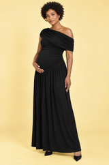 Vestido premamá largo negro de cuello asimétrico y cintura caída