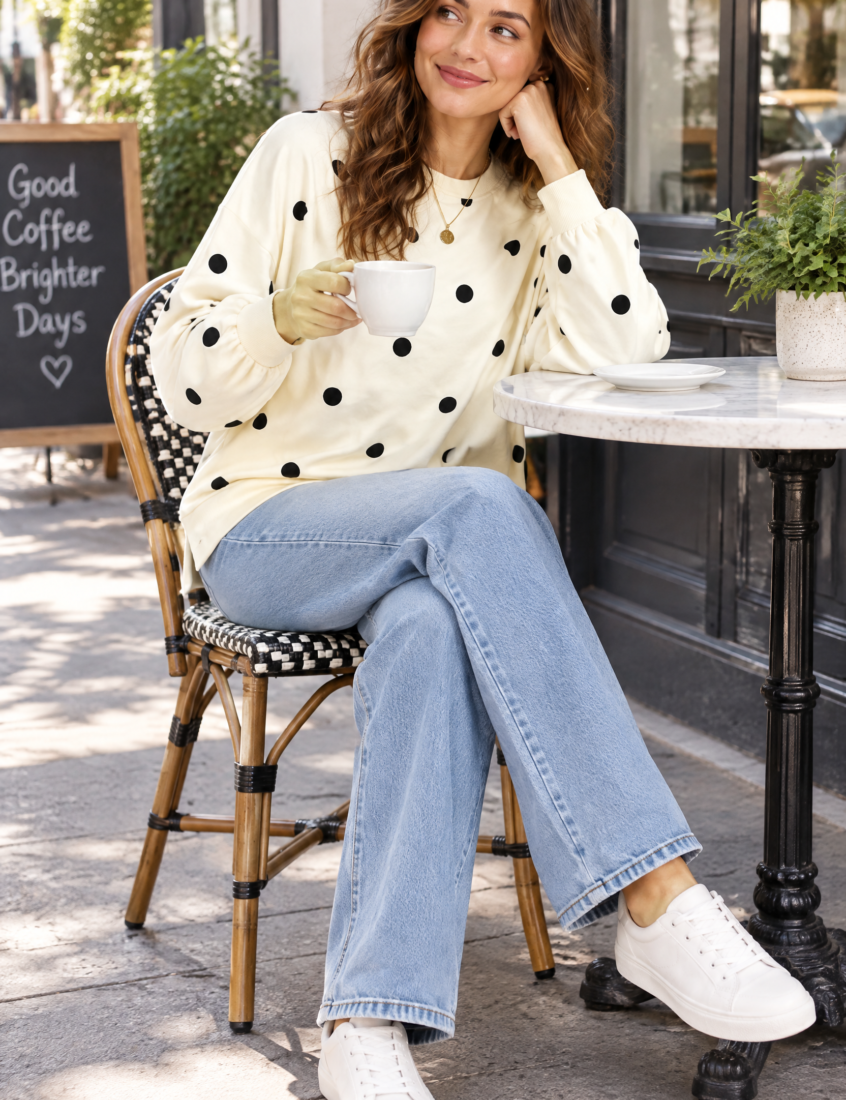 Sweat-shirt oversize écru à pois | Photo lifestyle | Lounelle Paris