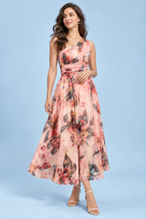 Vestido largo rosa con estampado floral, de un solo hombro y corte evasé