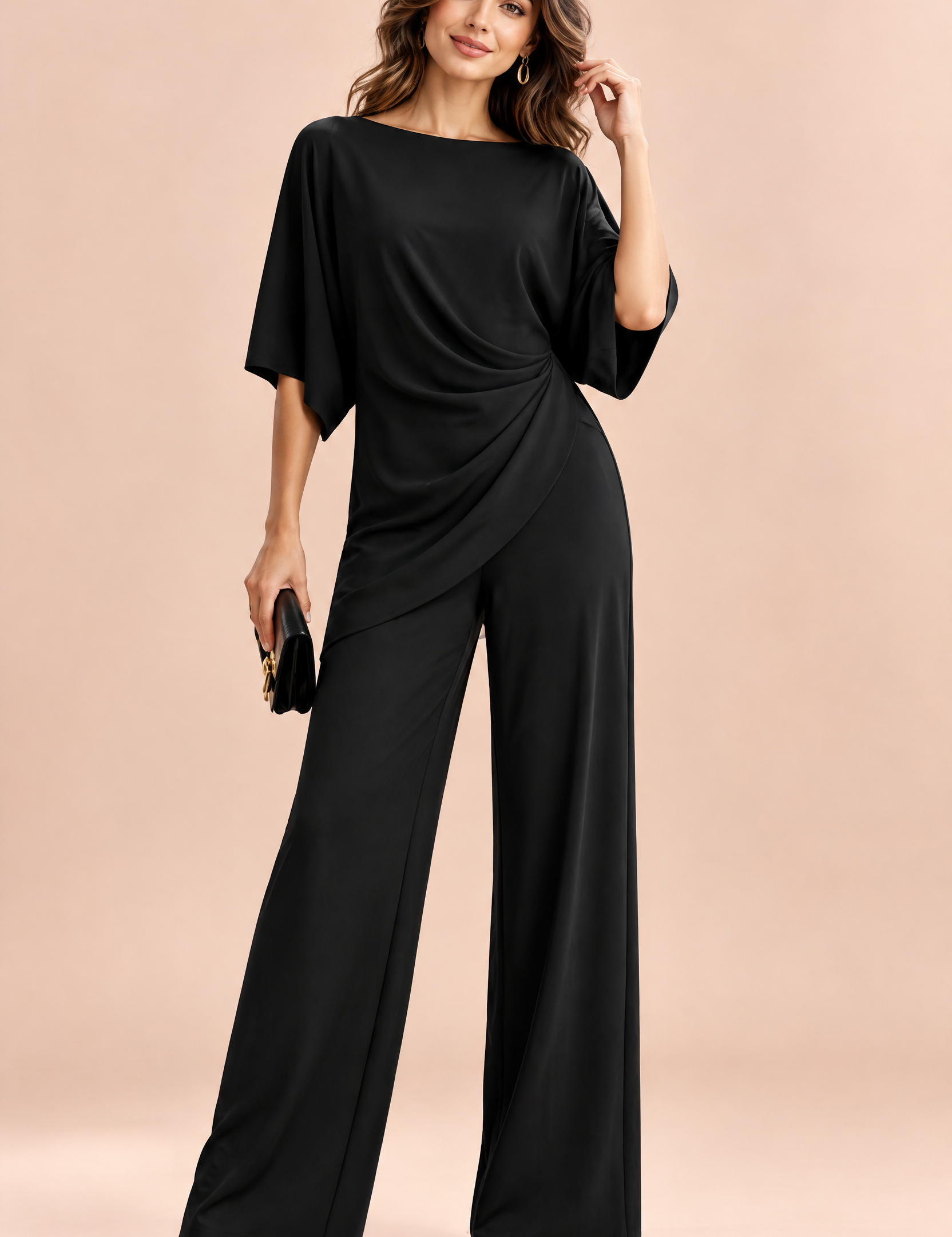 Ensemble pantalon noir plissé effet portefeuille | Vue de face | Lounelle Paris