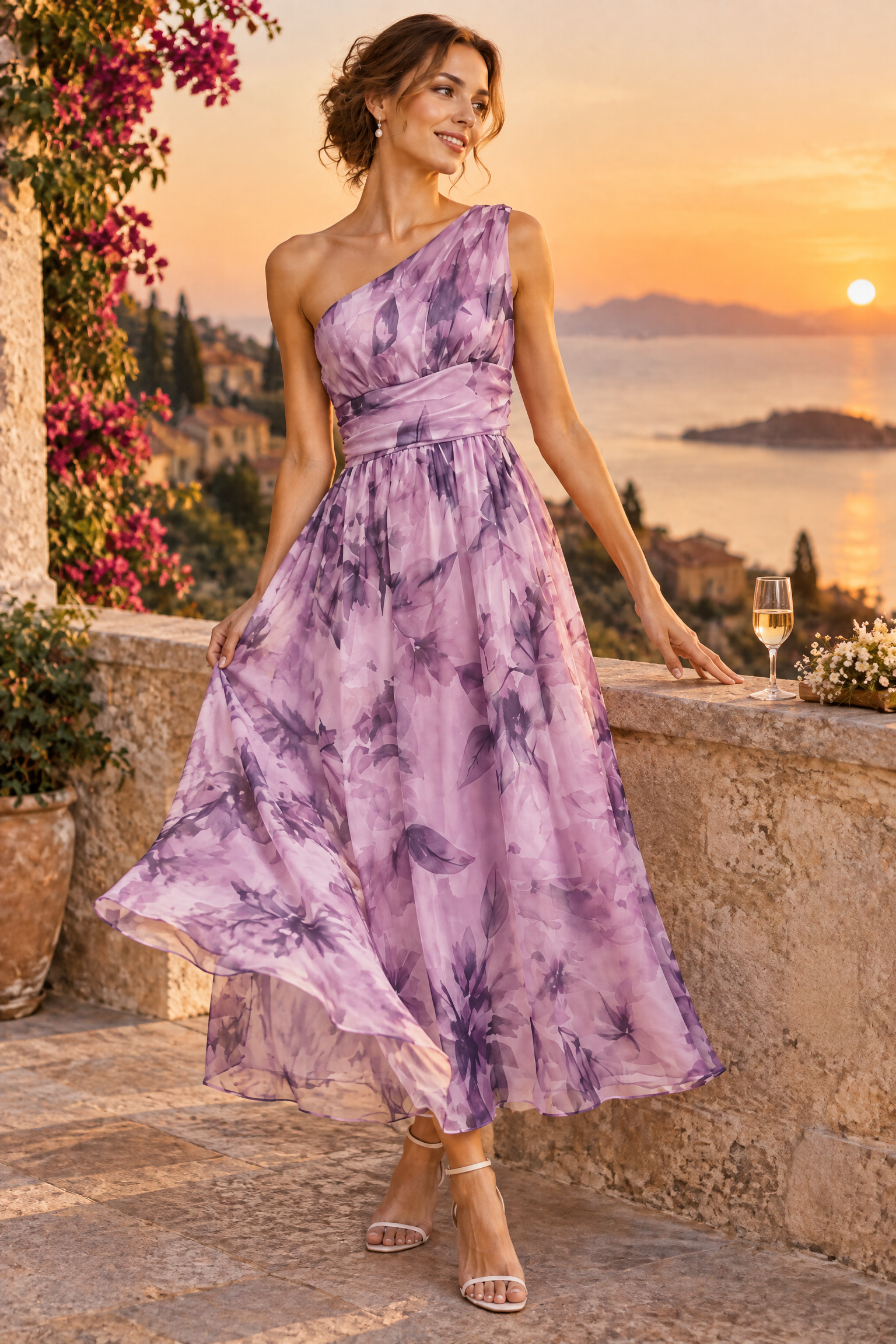 Robe longue fleurie violet clair à une épaule, coupe trapèze | Deuxième photo lifestyle | Lounelle Paris
