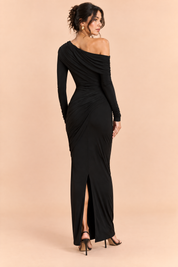 Robe longue noire à encolure asymétrique et détails froncés | Vue de dos | Lounelle Paris