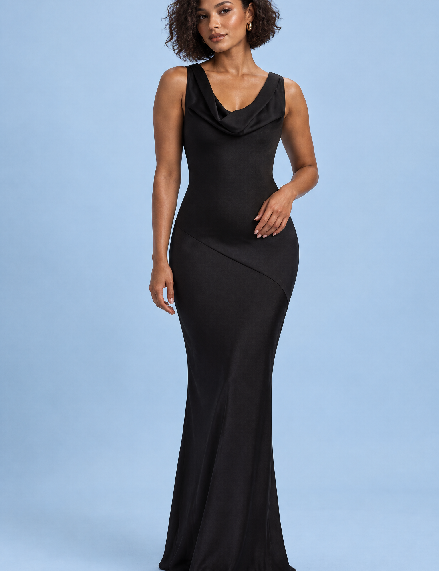 Robe longue asymétrique torsadée noire | Vue de face | Lounelle Paris