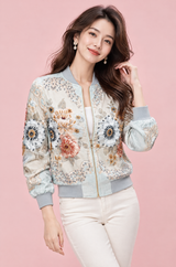 Chaqueta bomber floral azul claro con adornos