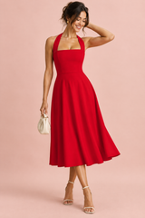 Vestido midi rojo con falda skater y escote cuadrado