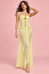 Vestido largo amarillo asimétrico con aberturas