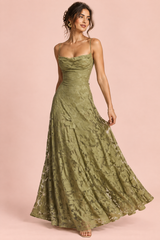 Vestido largo floral verde oliva con escote drapeado