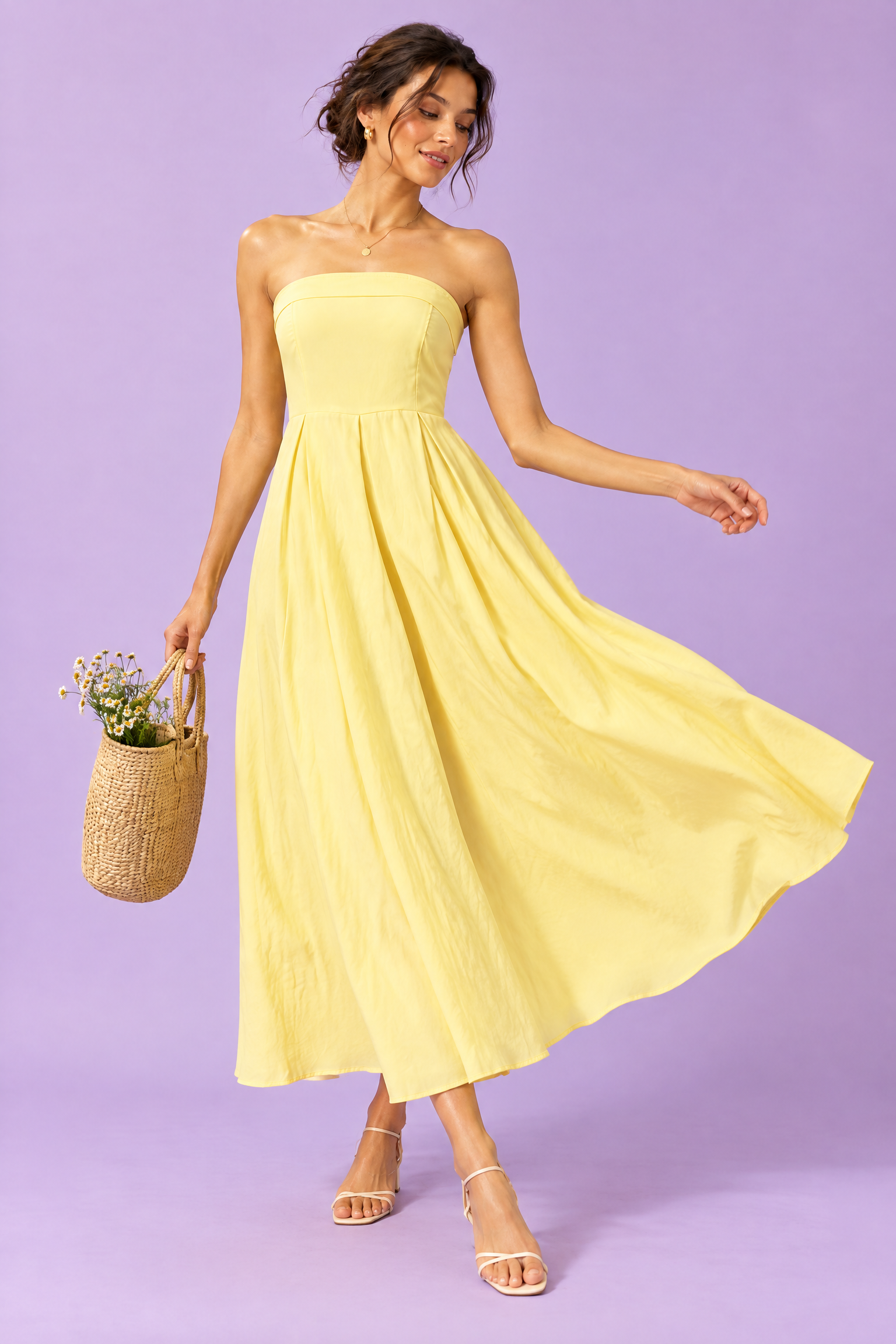 Robe midi évasée bustier — jaune | Vue en mouvement | Lounelle Paris