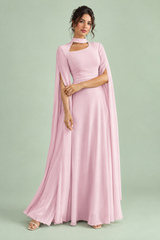 Vestido largo rosa con escote cuadrado y mangas capa