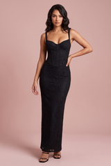 Vestido largo de encaje con corsé en negro