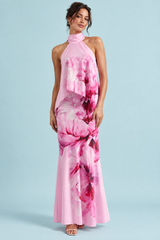 Vestido largo rosa asimétrico con flores