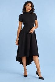 Robe midi asymétrique à col montant noire | Vue de face | Lounelle Paris
