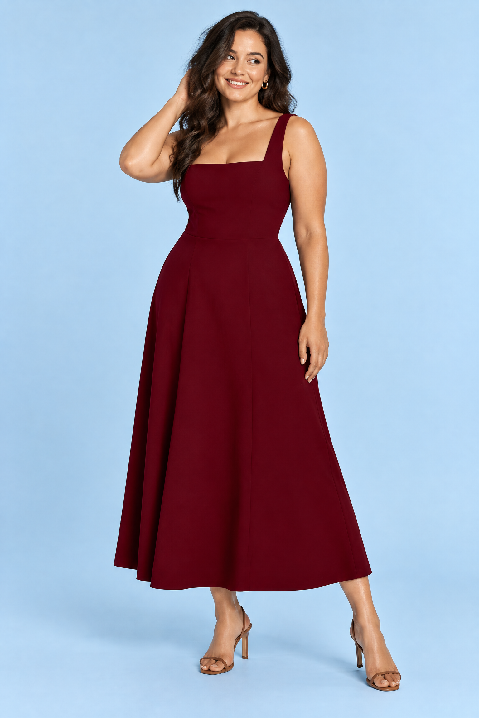Robe midi bordeaux à fines bretelles et jupe ample | Porté sur une autre silhouette | Lounelle Paris