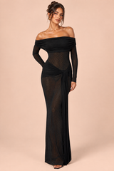 Vestido largo negro de encaje con escote Bardot, fruncido y fajín