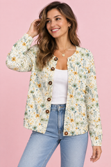Cárdigan floral con botones en blanco roto