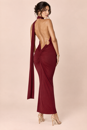 Robe longue bordeaux à encolure asymétrique, avec col | Vue de dos | Lounelle Paris