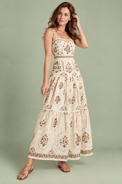 Robe longue écrue fleurie à volants | Vue de dos | Lounelle Paris