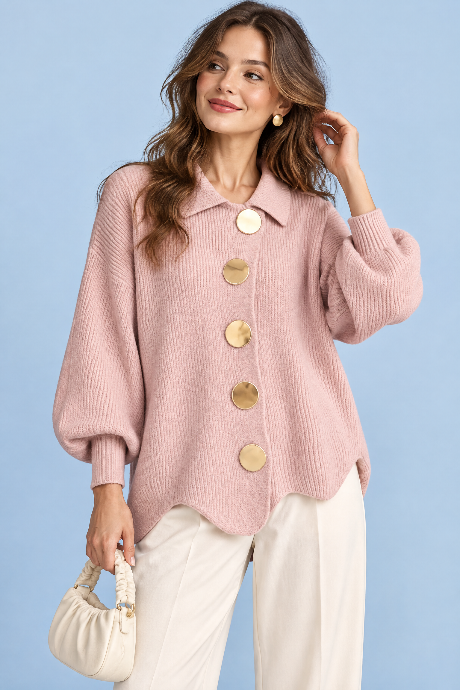 Cardigan oversize rose poudré à col | Vue de face | Lounelle Paris