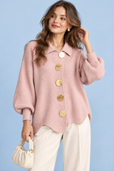 Cárdigan oversize de punto rosa empolvado con cuello camisero