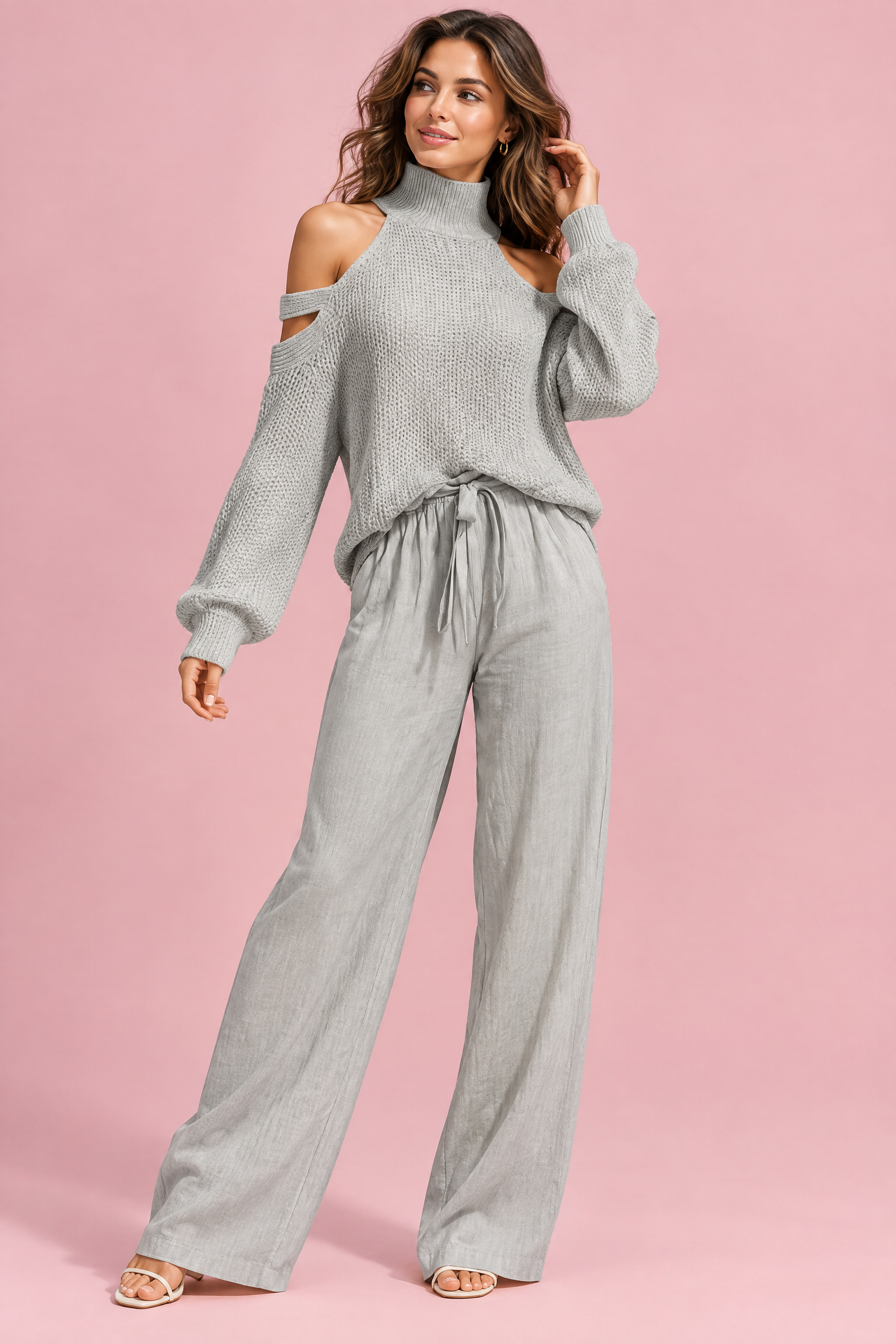 Ensemble pantalon deux pièces oversize gris à découpe | Vue de face | Lounelle Paris