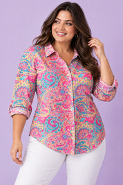 Chemise rose à imprimé floral | Porté sur une autre silhouette | Lounelle Paris