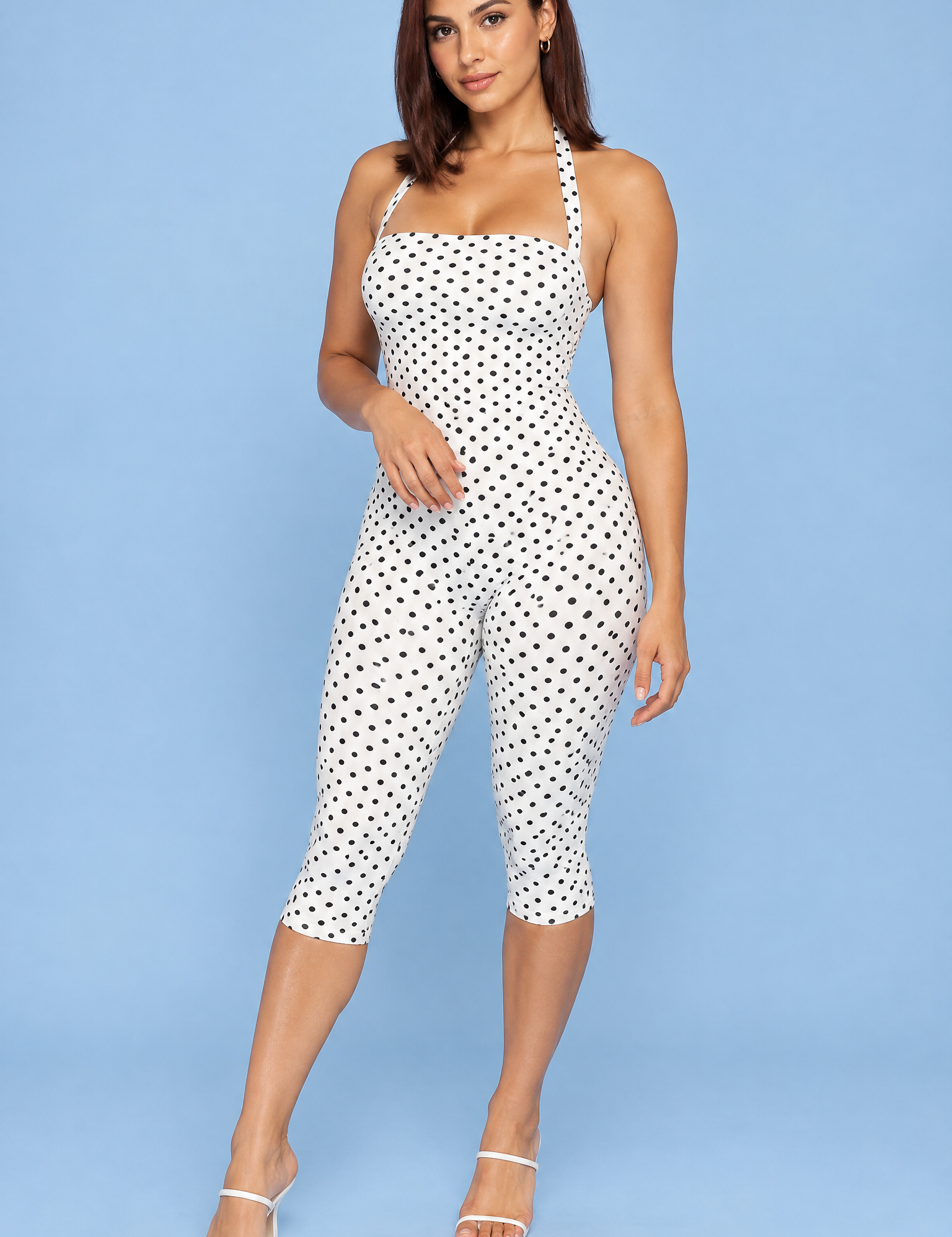 Combinaison pantalon ajustée à pois blanche | Vue de face | Lounelle Paris