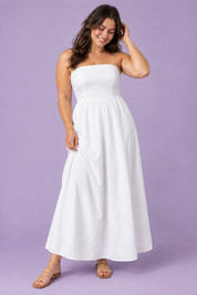 Robe midi évasée bustier — blanche | Porté sur une silhouette plus ronde | Lounelle Paris